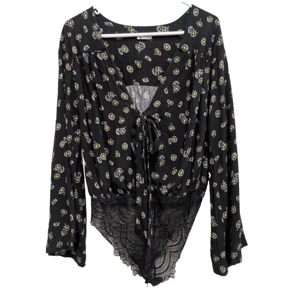 Free People Tops - Free People Forties Feels Womens Bodysuit Blouse Small Black Floral Lace BOHO